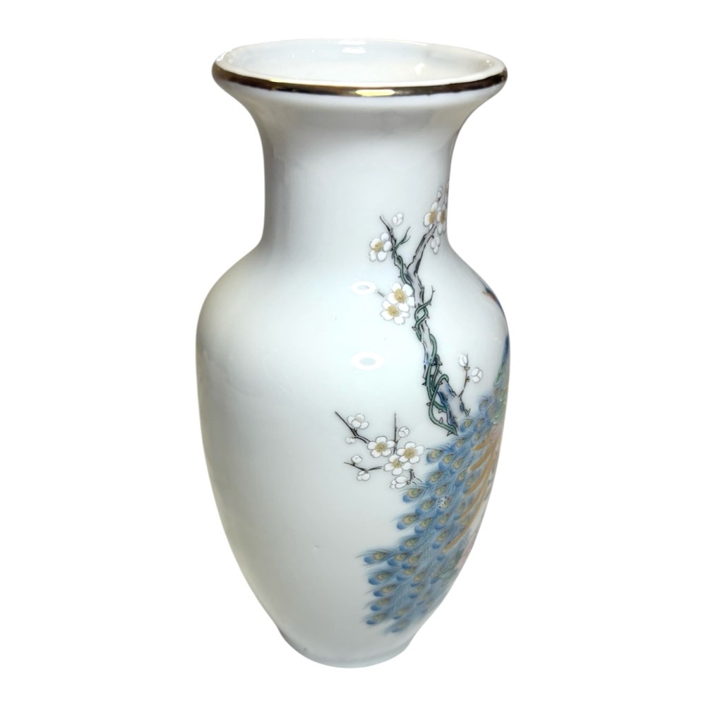 Fine China Japan Porcelain Vase Peacock Cherry Blossom White Gold Trim Floral 6” - Picture 4 of 7